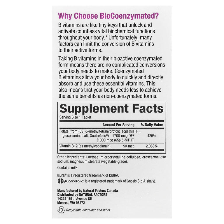 Natural Factors, фолат и витамин B12, 60 быстрорастворимых таблеток