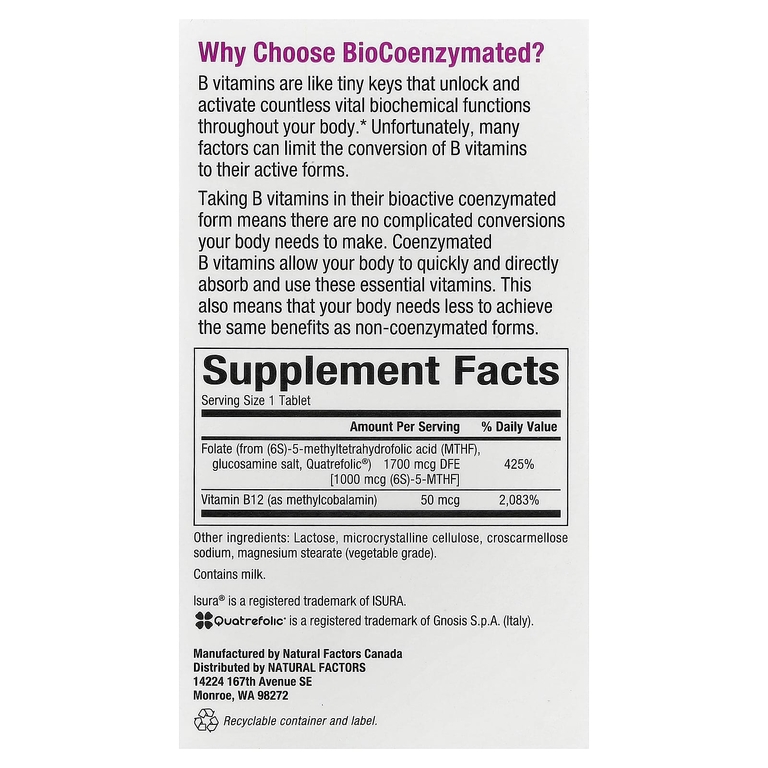 Natural Factors, фолат и витамин B12, 60 быстрорастворимых таблеток