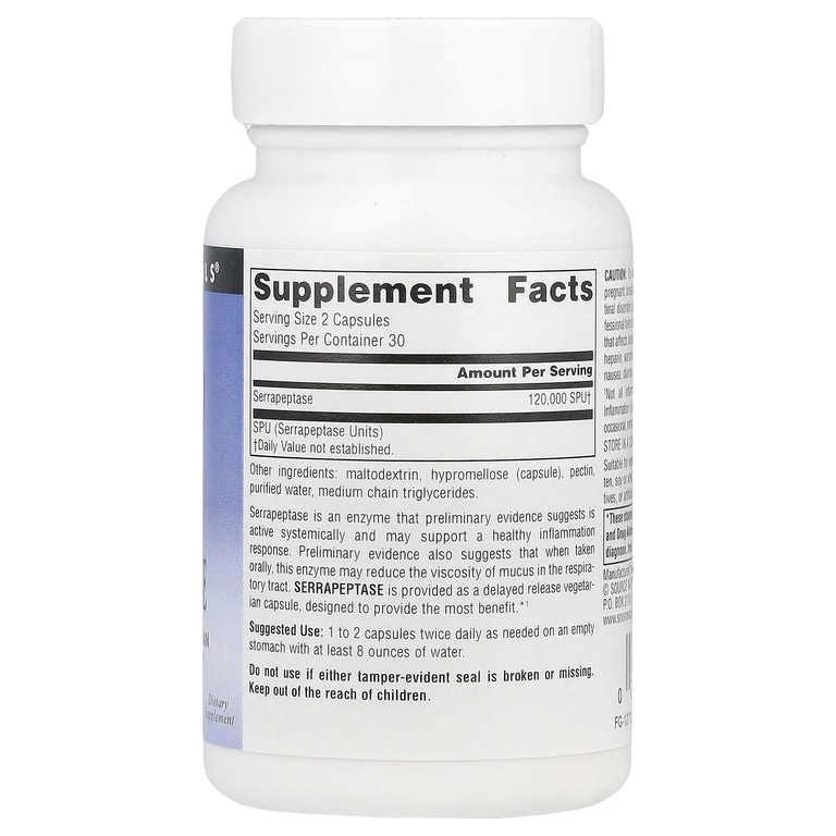 Source Naturals, Серрапептаза, 60 капсул (60 000 SPU единицы активности серрапептазы в 1 капсуле)