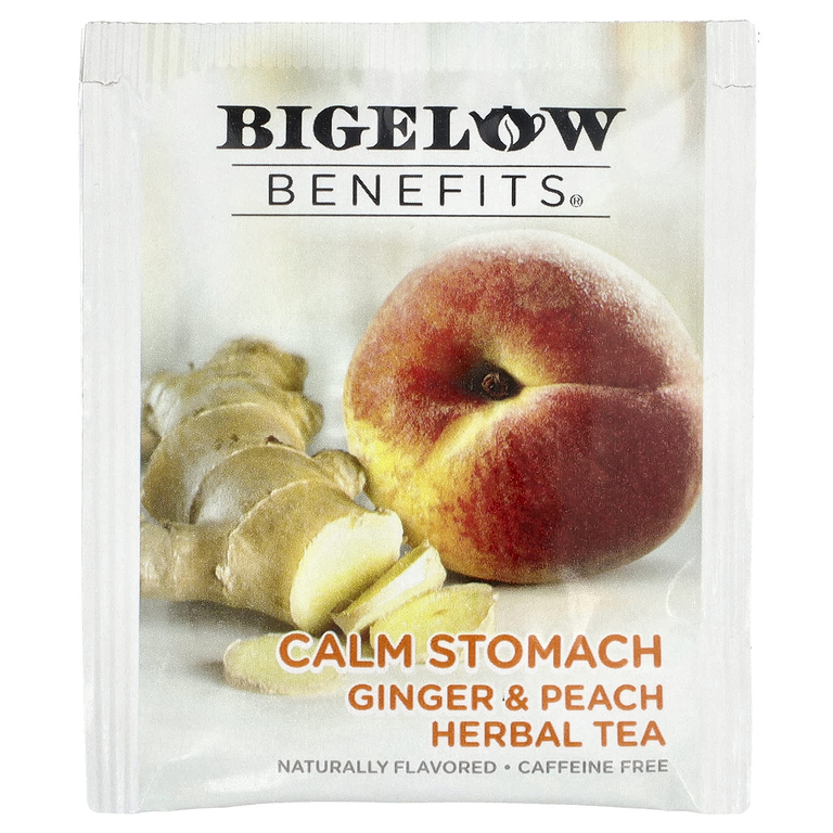 Bigelow, Benefits®, успокаивающий травяной чай, имбирь и персик, без кофеина, 18 чайных пакетиков, 40 г (1,44 унции)