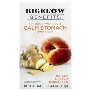 Bigelow, Benefits®, успокаивающий травяной чай, имбирь и персик, без кофеина, 18 чайных пакетиков, 40 г (1,44 унции)