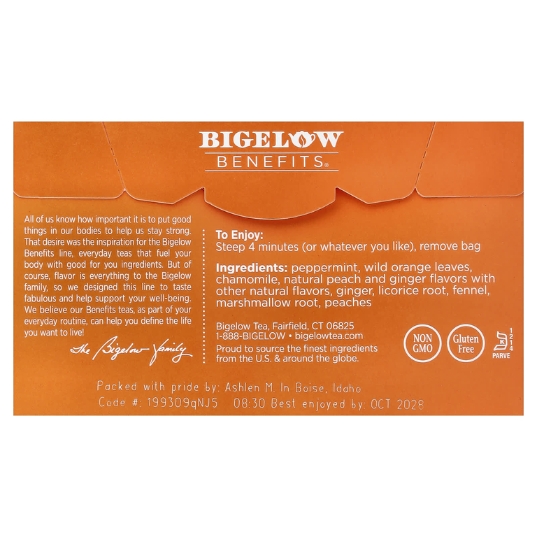 Bigelow, Benefits®, успокаивающий травяной чай, имбирь и персик, без кофеина, 18 чайных пакетиков, 40 г (1,44 унции)