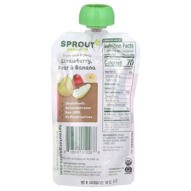 Sprout Organics, детское питание от 6 месяцев, клубника, груша и банан, 99 г (3,5 унции) (Товар снят с продажи) 