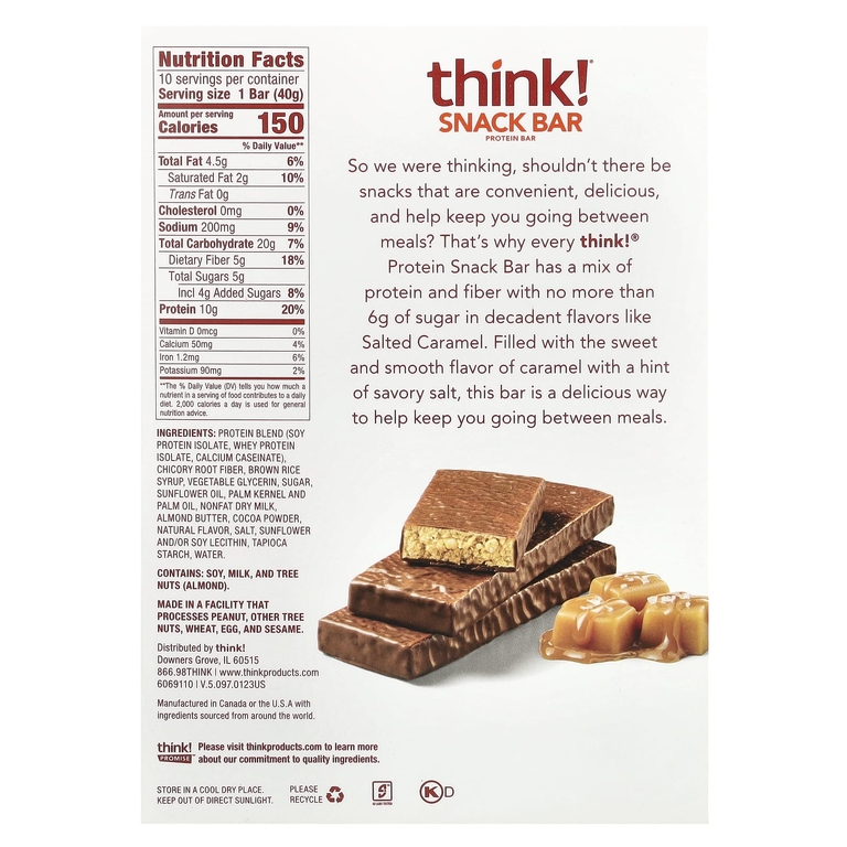think!, протеиновый батончик, соленая карамель, 10 батончиков по 40 г (1,41 унции)