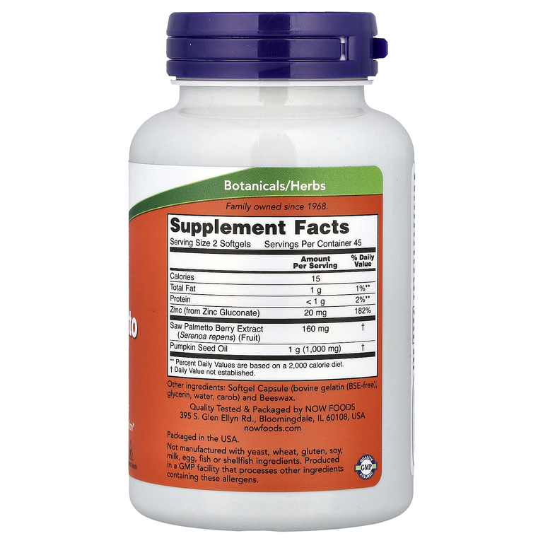 NOW Foods, экстракт серенои, с маслом из семян тыквы и цинком, 160 мг, 90 капсул
