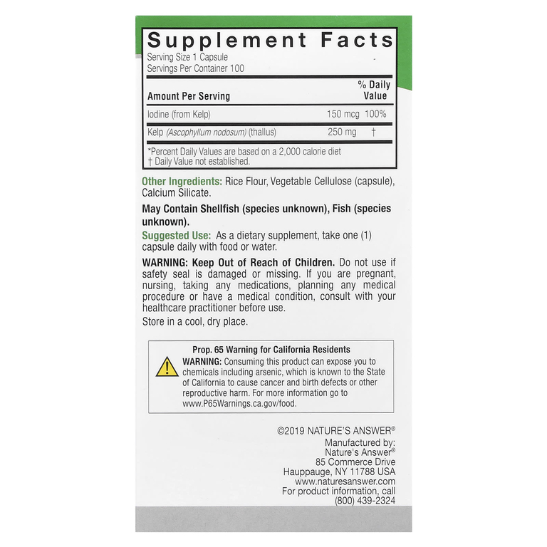 Nature's Answer, Слоевище водорослей, 100 растительных капсул (250 мг на капсулу) (Товар снят с продажи) 