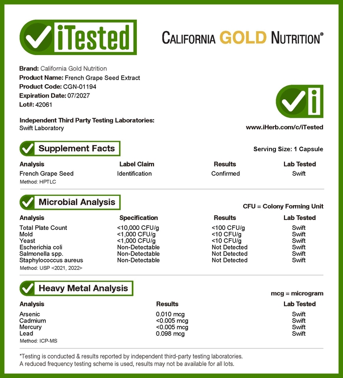 California Gold Nutrition, экстракт косточек французского винограда, 100 мг, 120 растительных капсул