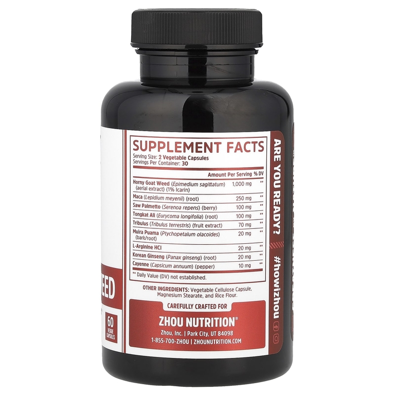 Zhou Nutrition, горянка крупноцветковая, комплекс для повышения сексуальной энергии, 60 растительных капсул