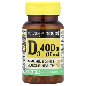 Mason Natural, Витамин D3, 10 мкг (400 МЕ), 100 мягких таблеток (Товар снят с продажи) 
