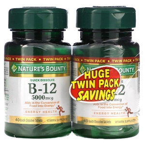 Nature's Bounty, Витамин B12, натуральный вишневый вкус, 5000 мкг, 40 быстрорастворимых таблеток