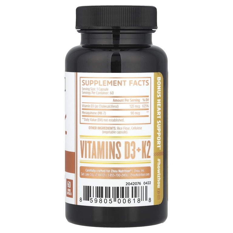 Zhou Nutrition, K2 + D3, поддержка 2-в-1, 60 вегетарианских капсул