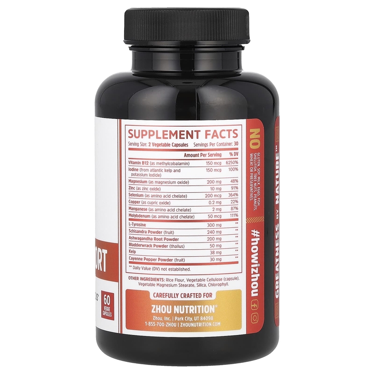 Zhou Nutrition, Поддержка щитовидной железы, содержит йод, 60 вегетарианских капсул