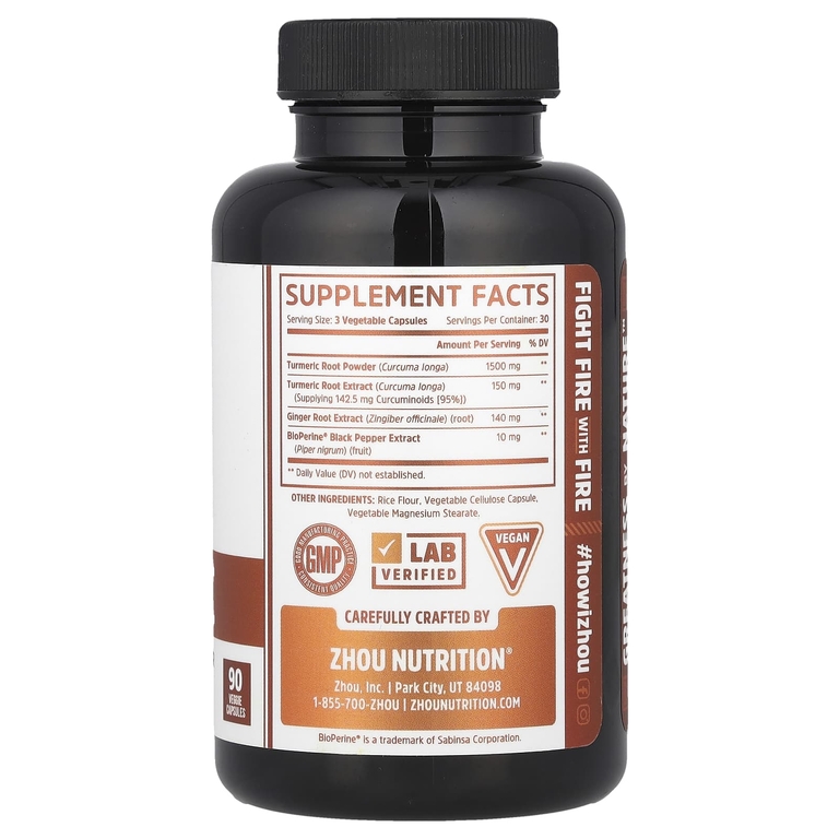 Zhou Nutrition, куркума, куркумин с имбирем, 90 растительных капсул