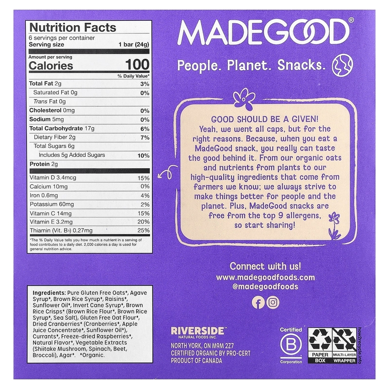 MadeGood, Батончики мюсли, ягодное ассорти, 6 батончиков, по 24 г (0,85 унции)