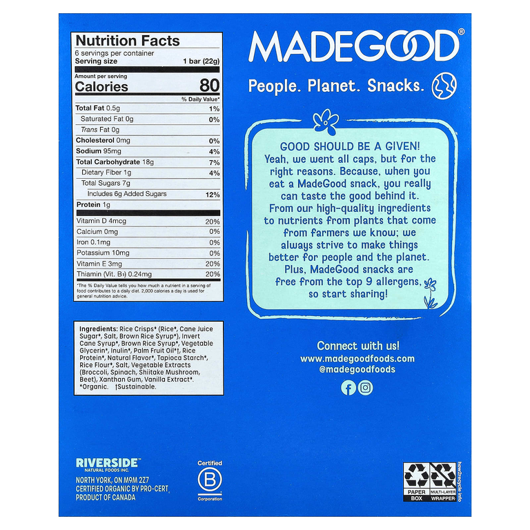 MadeGood, Органические хрустящие квадраты, ваниль, 6 батончиков, 22 г (0,78 унции)
