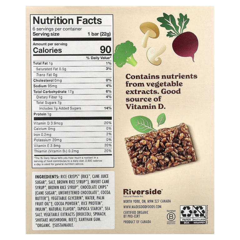 MadeGood, хрустящие квадраты, шоколадная крошка, 6 батончиков по 22 г (0,78 унции)