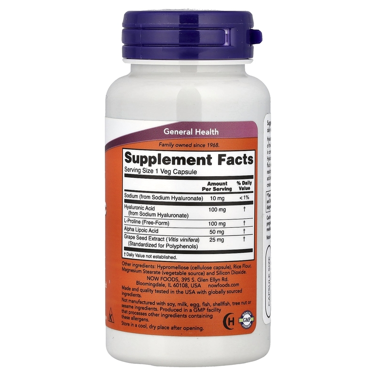 NOW Foods, гиалуроновая кислота с L-пролином, альфа-липоевой кислотой и экстрактом виноградных косточек, 100 мг, 60 растительных капсул