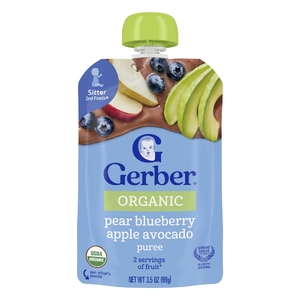 Gerber, органическое пюре, 2nd Foods®, груша, голубика, яблоко и авокадо, 99 г (3,5 унции) (Товар снят с продажи) 