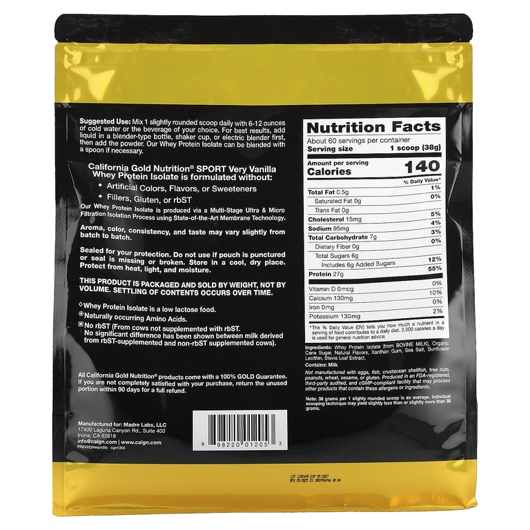 California Gold Nutrition, изолят сывороточного протеина, с ванильным вкусом, 2,27 кг (5 фунтов)
