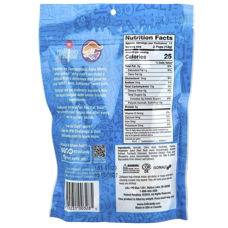 Zollipops, леденцы с фруктовыми вкусами, 23–25 леденцов, 142 г (5,2 унции)