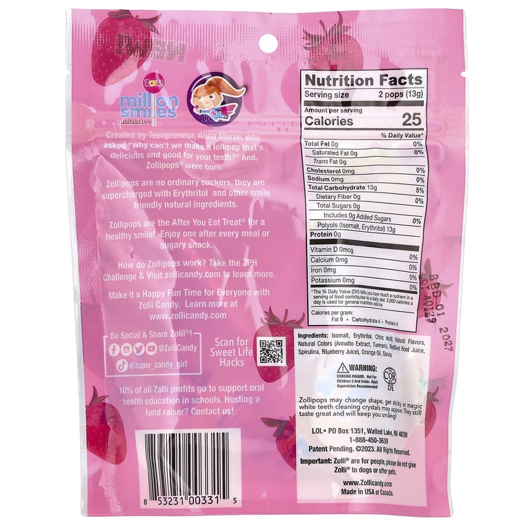 Zollipops, леденцы для очищения зубов с клубничным вкусом, 15 шт., 88 г (3,1 унции)