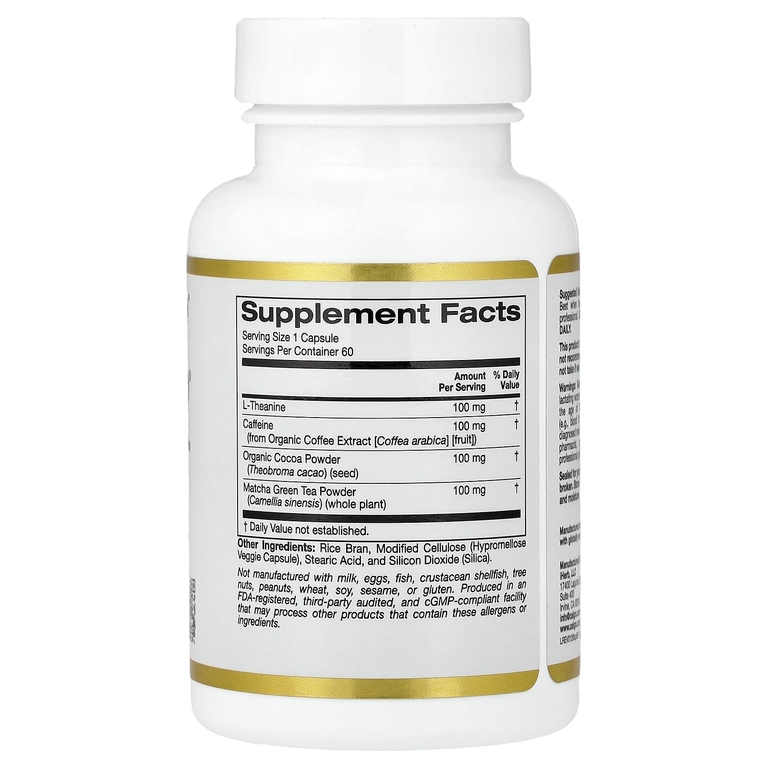 California Gold Nutrition, L-теанин и кофеин + какао и матча, 60 растительных капсул