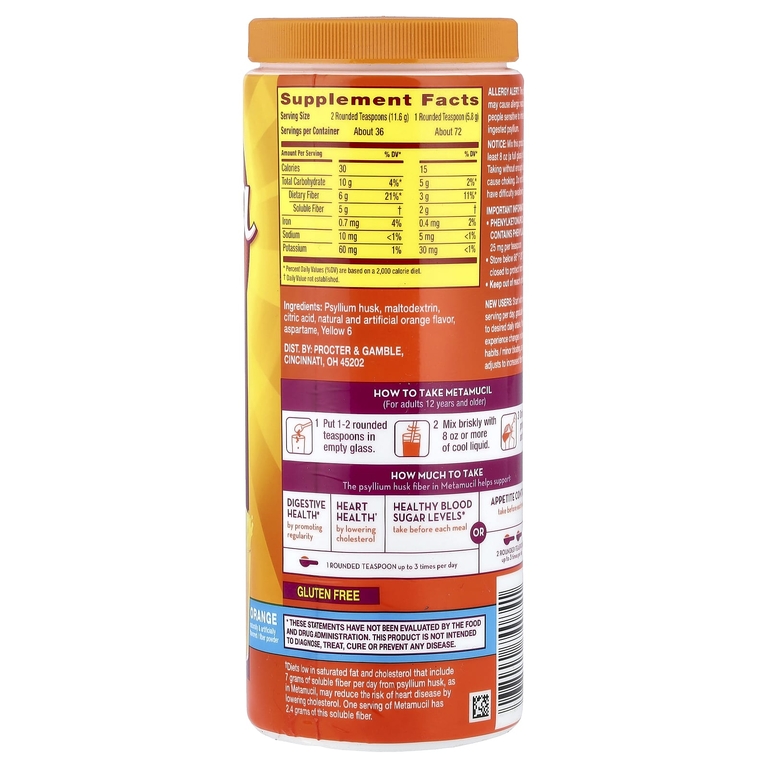 Metamucil, Клетчатка 4-в-1, апельсин, без сахара, 425 г (15 унций)