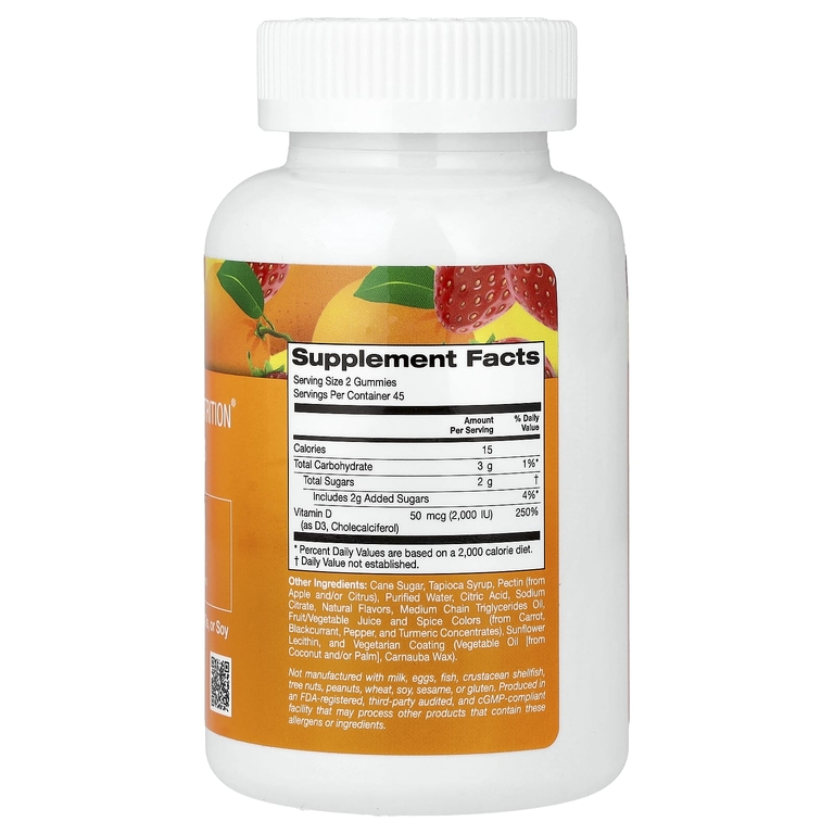 California Gold Nutrition, жевательный витамин D3, со вкусами лимона, апельсина и клубники, 90 жевательных таблеток (25 мкг (1000 МЕ) в 1 таблетке)