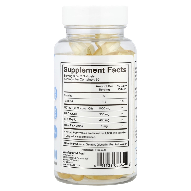 Divine Health, капсулы с маслом MCT, 1000 мг, 60 желатиновых капсул