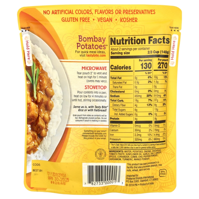 Tasty Bite, Indian Bombay Potatoes ™, средний вкус, 285 г (10 унций)