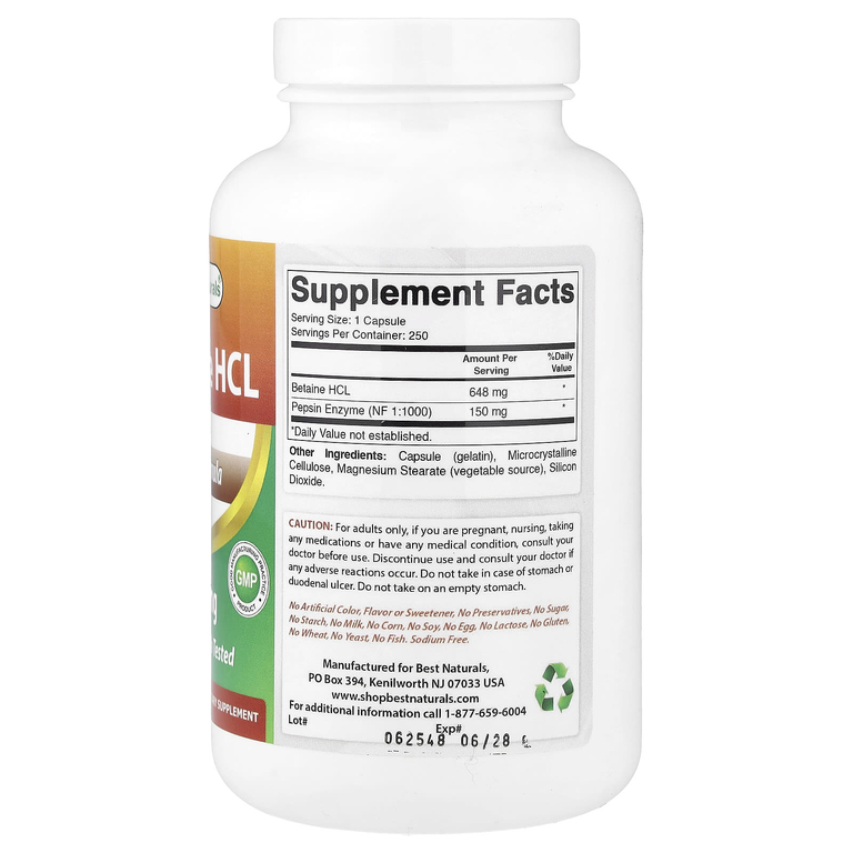 Best Naturals, бетаина гидрохлорид, 250 капсул