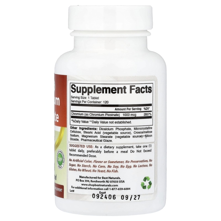 Best Naturals, пиколинат хрома, 1000 мкг , 120 таблеток