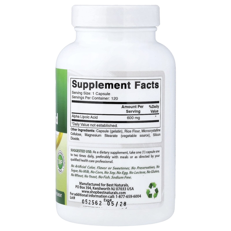 Best Naturals, альфа-липоевая кислота, 600 мг, 120 капсул