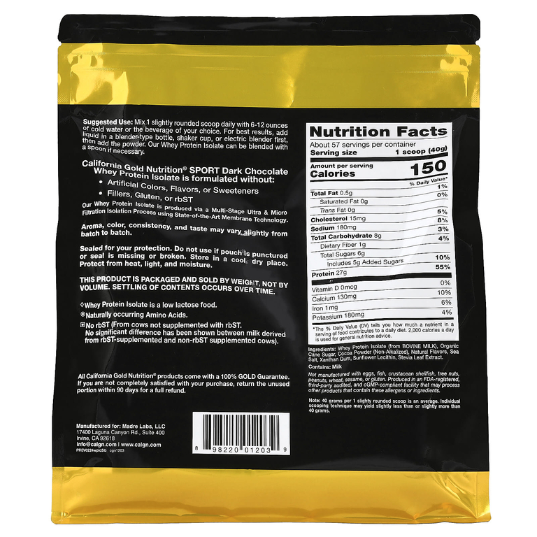 California Gold Nutrition, Спорт, изолят сывороточного протеина со вкусом тёмного шоколада, 2,27 кг (5 фунтов)