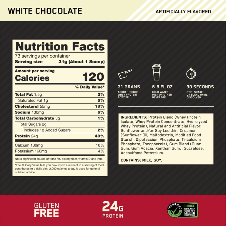 Optimum Nutrition, сывороточный протеин, со вкусом белого шоколада, 2,26 кг (5 фунтов)