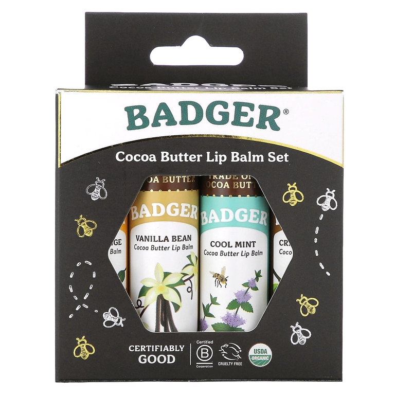 Badger, Organic, набор бальзамов для губ с маслом какао, 4 упаковки по 7 г (0,25 унции)