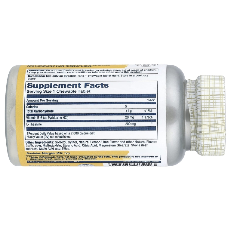 Solaray, L-Theanine Chewables, Natural Lemon Lime, 200 mg, 30 Chewables