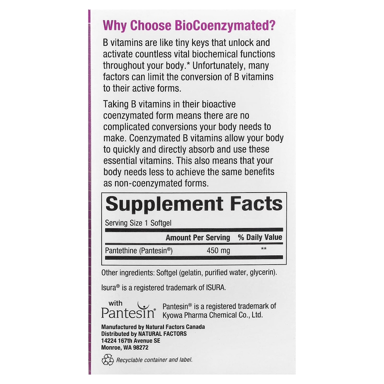 Natural Factors, BioCoenzymated® B5, пантетин, 450 мг, 60 мягких капсул