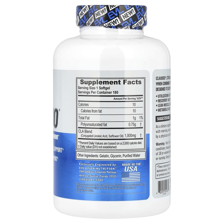 EVLution Nutrition, CLA1000®, средство для коррекции веса без стимуляторов, 180 капсул (1000 мг в 1 капсуле)