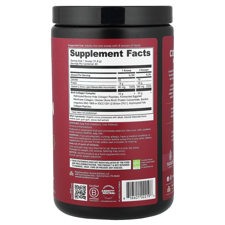 Ancient Nutrition, мультиколлагеновый комплекс с протеином, шоколад, 472 г (1,04 фунта)