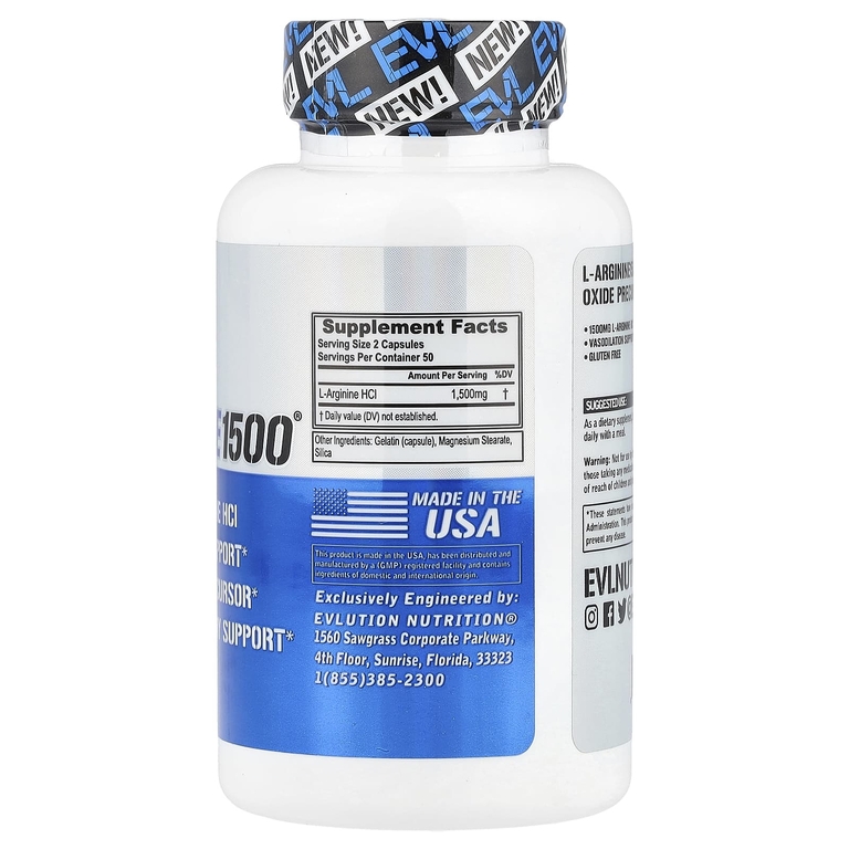 EVLution Nutrition, L-Arginine1500®, L-аргинин, 100 капсул (750 мг в 1 капсуле)