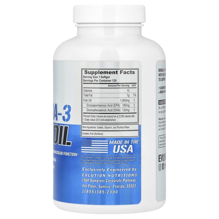 EVLution Nutrition, рыбий жир с омега-3, 1000 мг, 120 капсул
