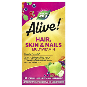 Nature's Way, мультивитамины для волос, кожи и ногтей Alive!®, со вкусом клубники, 60 капсул