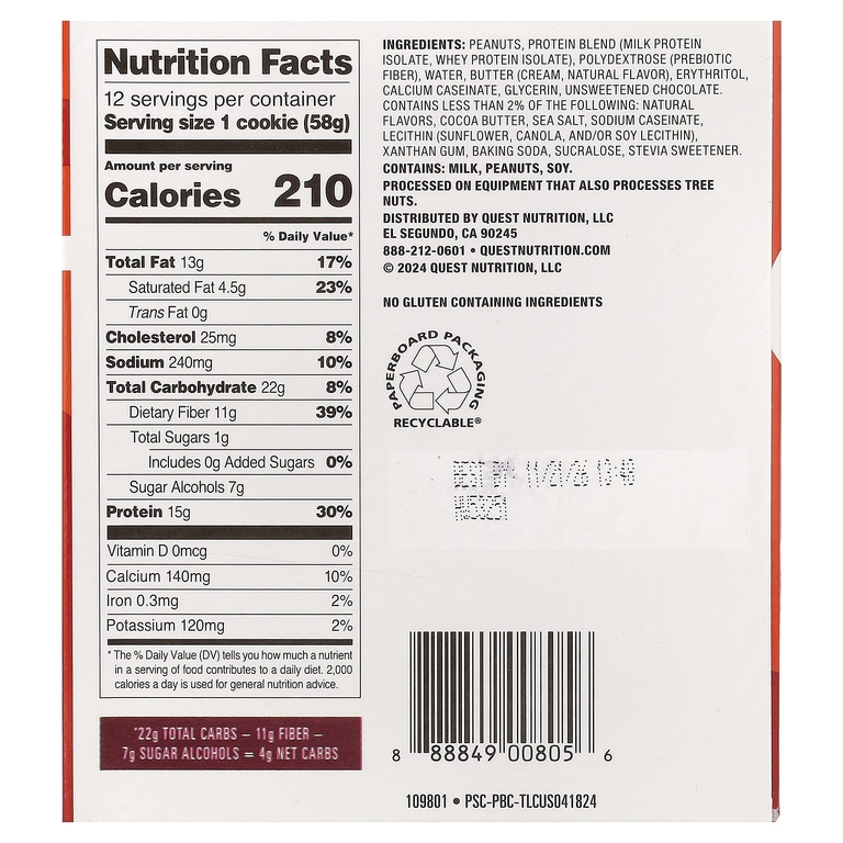Quest Nutrition, Protein Cookie, арахисовая паста с шоколадной крошкой, 12 печений, 58 г (2,04 унции)