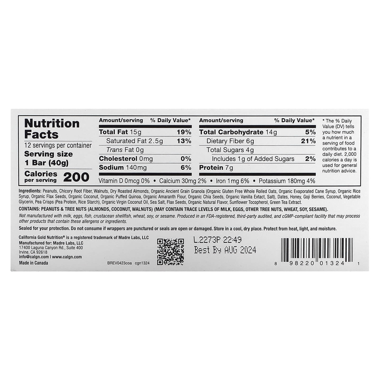California Gold Nutrition, Foods, батончики-мюсли с клюквой и миндалём, 12 шт. по 40 г (1,4 унции)