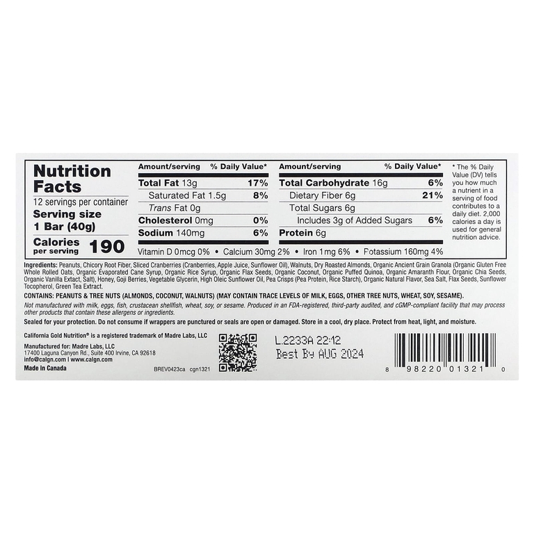 California Gold Nutrition, Foods, жевательные батончики из гранолы с клюквой и миндалем, 12 шт. по 40 г (1,4 унции)