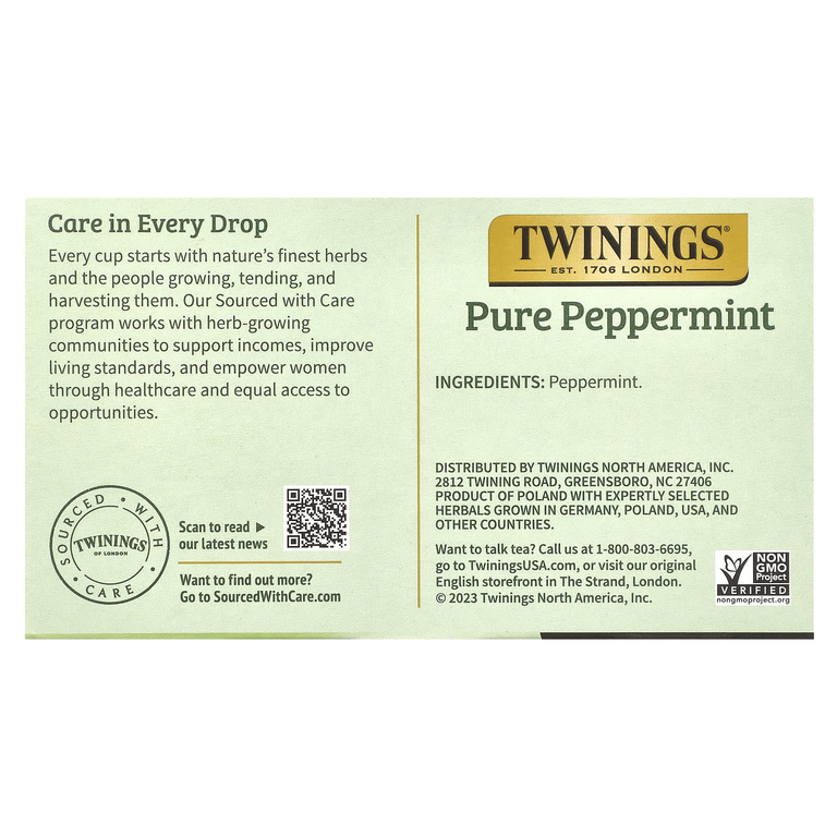 Twinings, Pure Herbal Tea, чистая перечная мята, без кофеина, 50 чайных пакетиков, 100 г (3,53 унции)