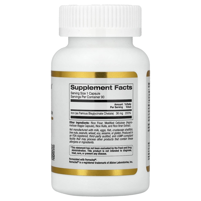 California Gold Nutrition, Ferrochel®, железо (бисглицинат), 36 мг, 90 растительных капсул