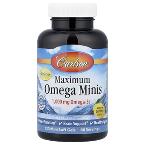 Carlson, Maximum Omega мини, натуральный лимон, 120 мини-капсул (500 мг в 1 капсуле)