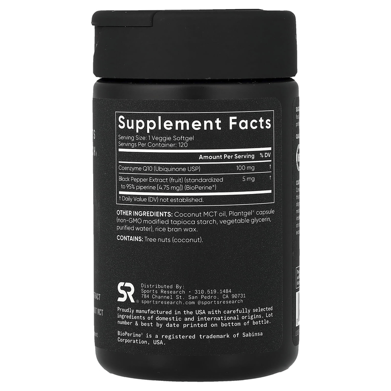 Sports Research, коэнзим Q10 класса USP с BioPerine, 120 растительных капсул